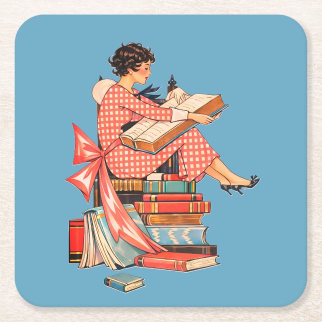 Vintage Book Lover Reading Illustration Underlägg Papper Kvadrat (Framsidan)