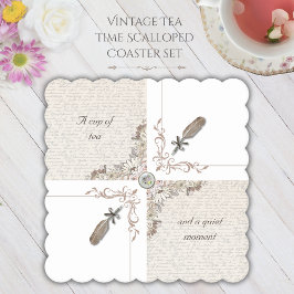 Vintage Book Lover Tea Time Scalloped Coasters Underlägg Papper