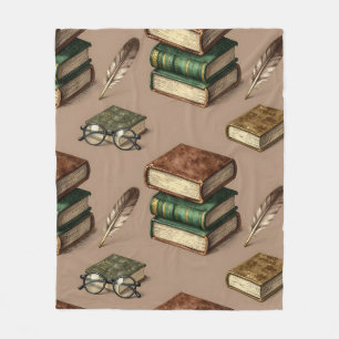 Vintage Books Feathers Glasses Mönster Fleecefilt