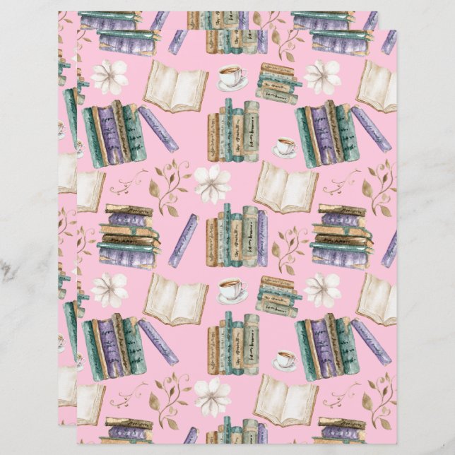 Vintage Books Scrapbook Paper in Pink (Fram/baksida)