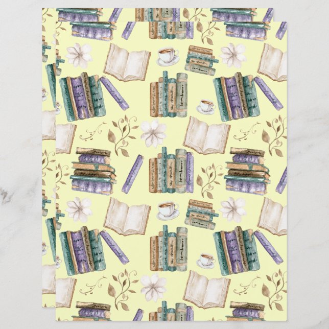 Vintage Books Scrapbook Paper in Yellow (Fram/baksida)