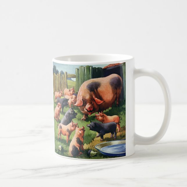 Vintage Boskap, Gris med Cute Baby Piglets Kaffemugg (Höger)