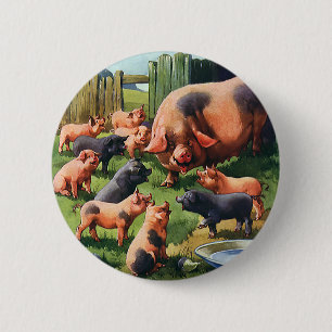 Vintage Boskap, Gris med Cute Baby Piglets Knapp