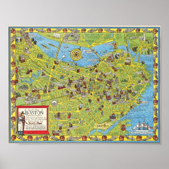 Vintage Boston Illustrerad Kartaffisch 1955 Poster (Framsidan)