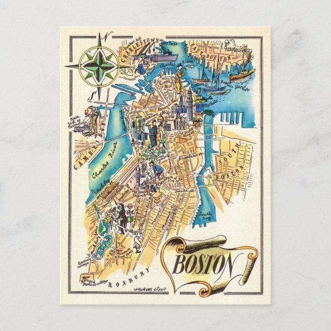 Vintage Boston-karta vykort (Framsida)