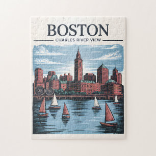 Vintage Boston Massachusetts Cityscape & Sailcraft Pussel