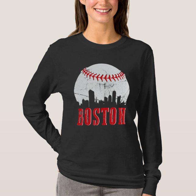 Vintage Boston Skyline Baseball Game Day T Shirt (Framsida)