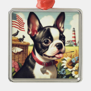 Vintage Boston Terrier Illustration Julgransprydnad Metall