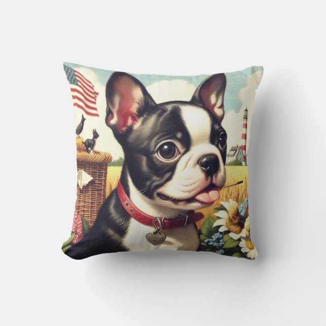 Vintage Boston Terrier Illustration Kudde (Framsida)