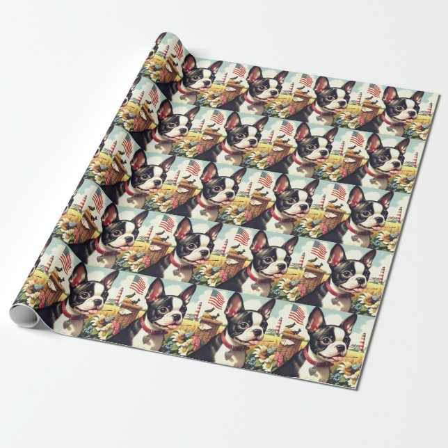 Vintage Boston Terrier Illustration Presentpapper (Utrullad)