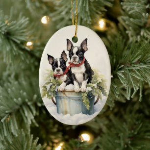 Vintage Boston Terrier-jul Julgransprydnad Keramik