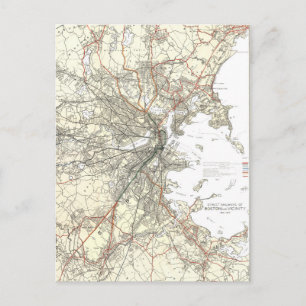 Vintage Boston Transit Line Karta (1914) Vykort