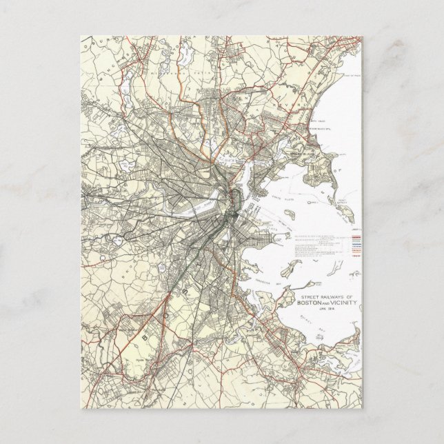 Vintage Boston Transit Line Karta (1914) Vykort (Framsida)