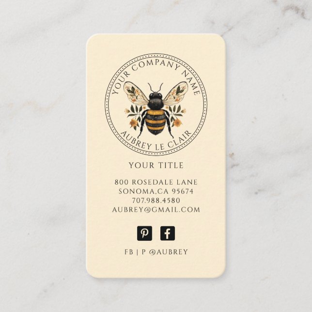 Vintage Botanical Bee Logo Template Visitkort (Framsida)