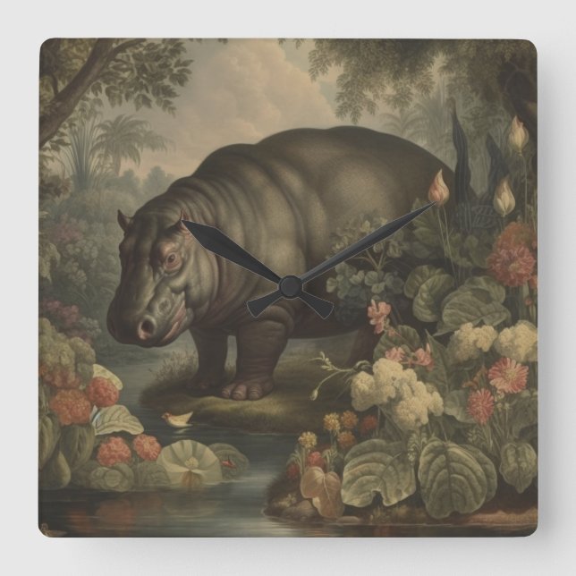 Vintage Botanical Hippo Fyrkantig Klocka (Framsida)