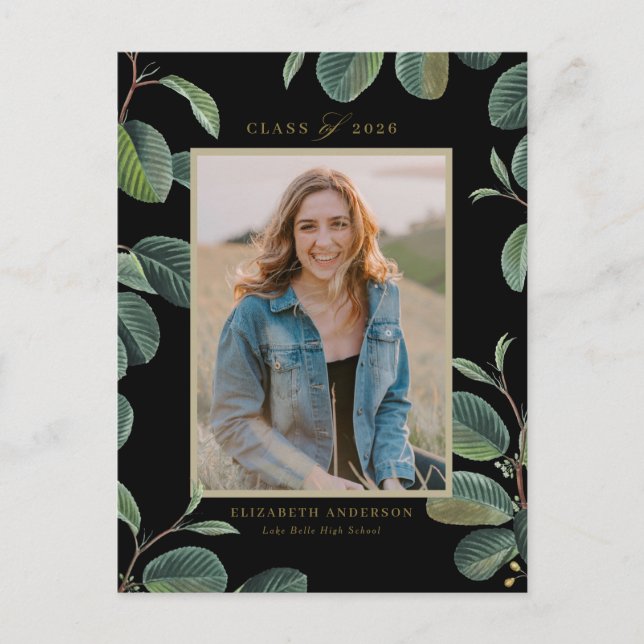 Vintage Botanical Lövs Black Photo Studenten Vykort (Framsida)