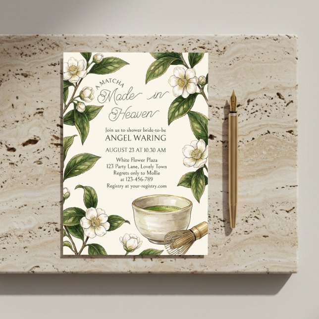 Vintage Botanical Matcha Himmelsk Dusch Inbjudningar (Matcha made in Heaven white floral and greenery bridal shower invitation)