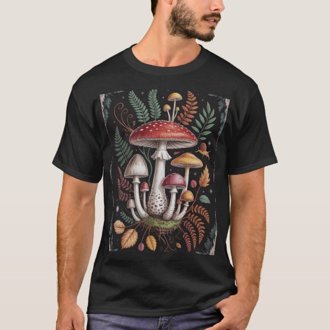 Vintage Botanical Mushroom & Fern Fantasy Illustra T Shirt (Framsida)