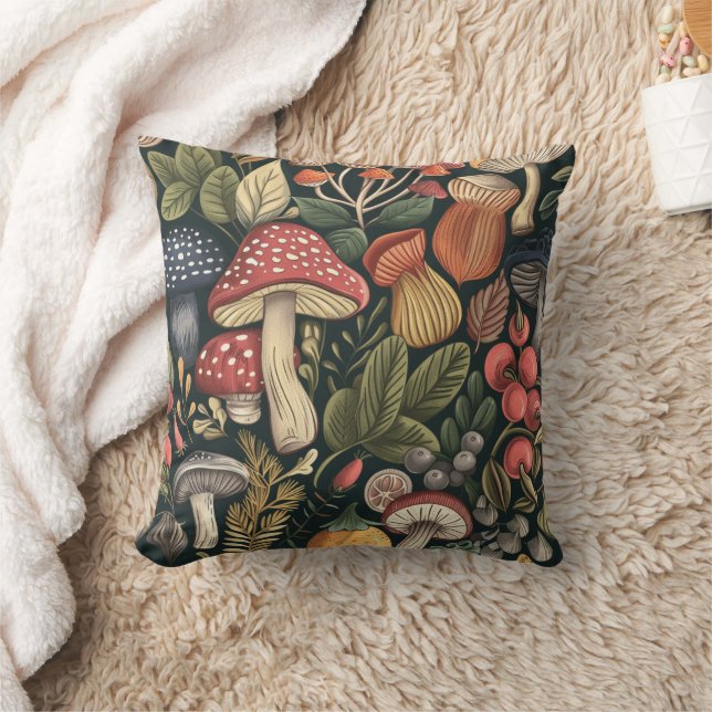 Vintage Botanical Mushroom Mönster Kudde (Filt)