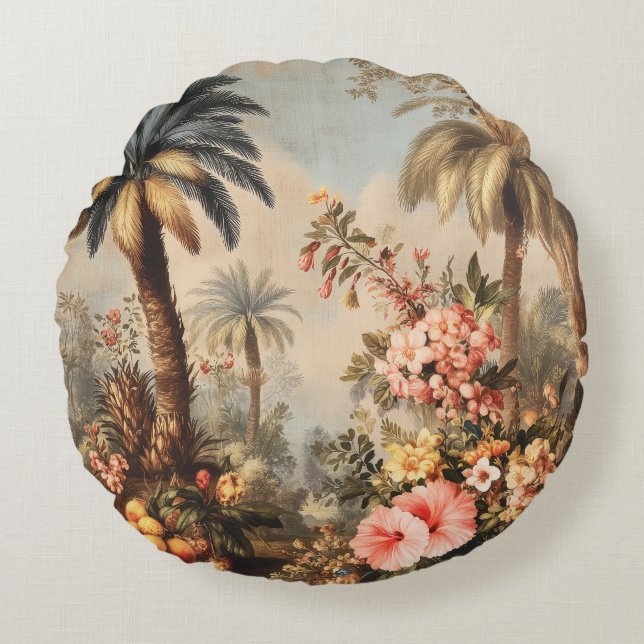 Vintage Botanical Scene with Palms Rund Kudde (Framsidan)