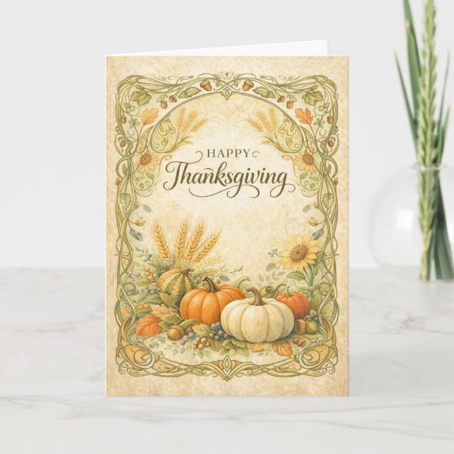 Vintage Botanical Thanksgiving Pumpkin Harvest Kort (Framsida)