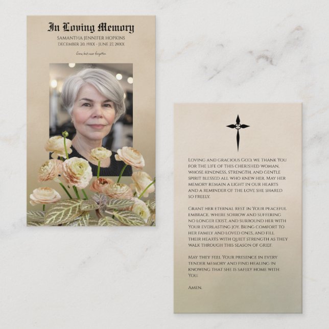 Vintage Botanical Tribute Prayer Card Visitkort (Fram/baksida)