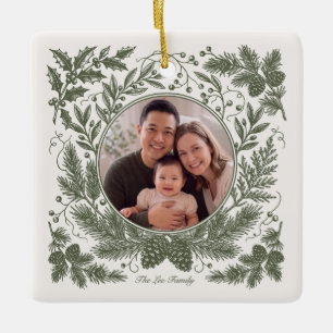 Vintage Botanical Två Foto Familj - Grön Julgransprydnad Keramik