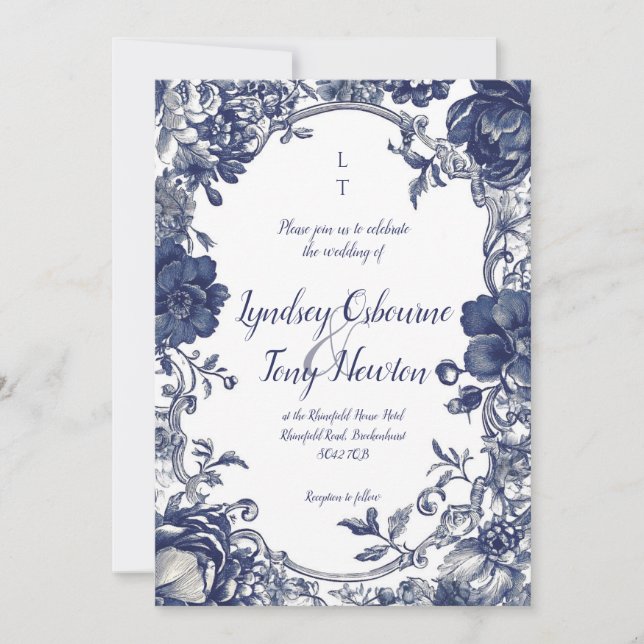 Vintage Botanical Wedding Invitation in Blue Inbjudningar (Framsida)