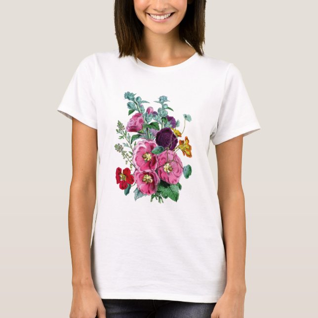 Vintage Botanicals Illustrations Hollyhocks Tee Shirt (Framsida)