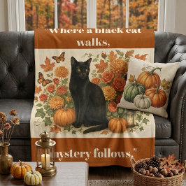Vintage Botanicals Orange Pumpas Svart Katt Foto Fleecefilt