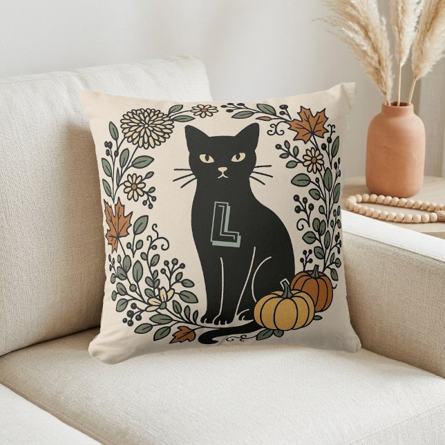 Vintage Botanicals Svart Katt Monogram Höstfärger  Kudde (Vintage Botanicals Black Cat Monogram Fall Colors Throw Pillow)