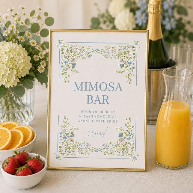 Vintage Botanisk Blå Blommig Mimosa Barskylt Poster (Skapare uppladdad)