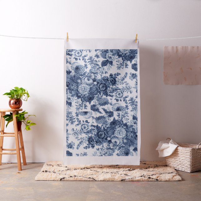 Vintage Botanisk Blommigt Indigo Blue Posy Tyg (In Situ)