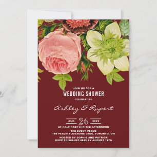 Vintage Botanisk Blommigt Röd Möhippa Inbjudningar