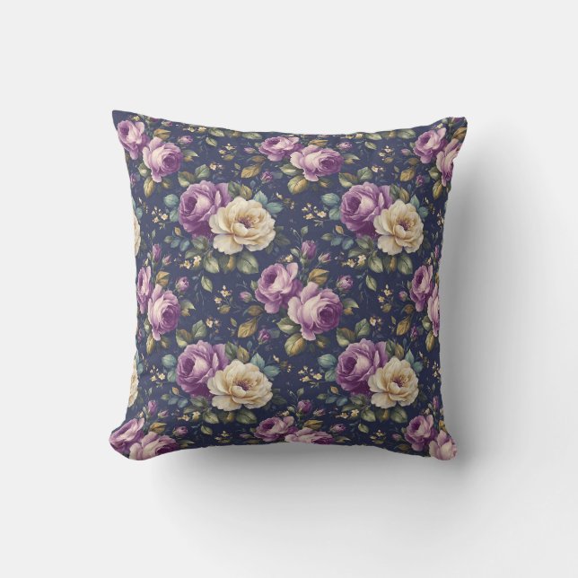 Vintage Botanisk Blommigt - Rosa och Lila Ro Kudde (Framsida)