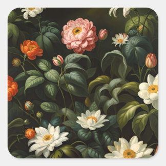 Vintage botanisk blomsterträdgård stilleben fyrkantigt klistermärke