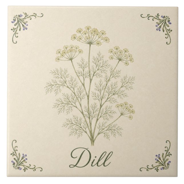 Vintage Botanisk Dill Kök Örtagård Kakelplatta (Framsidan)