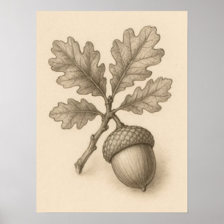 Vintage Botanisk Ekollon Bläckteckning Affisch