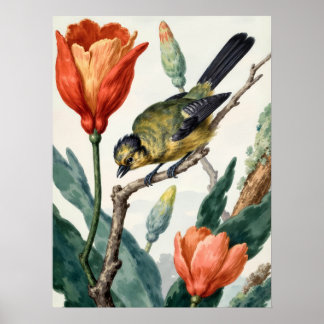Vintage botanisk fågel blomster väggkonstaffisch poster