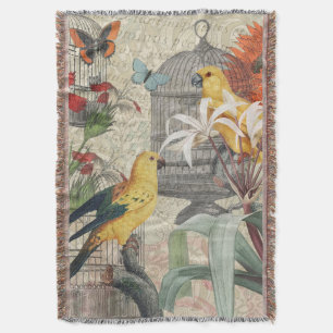 Vintage botanisk fågel natur antik tropisk  filt
