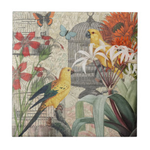 Vintage botanisk fågel natur antik tropisk  kakelplatta