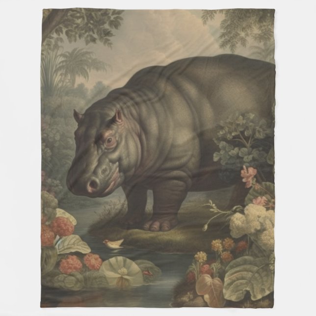 Vintage Botanisk Flodhäst  Fleecefilt (Framsidan)