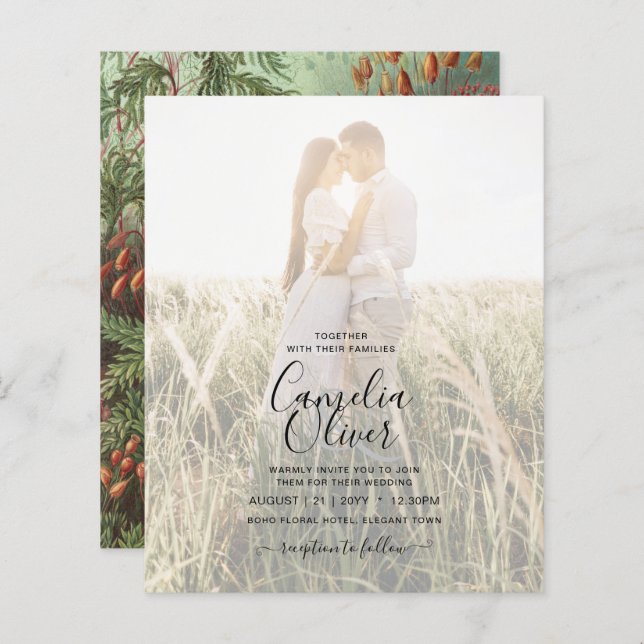 Vintage Botanisk Grönt Terracotta Wedding bjudande (Fram/baksida)