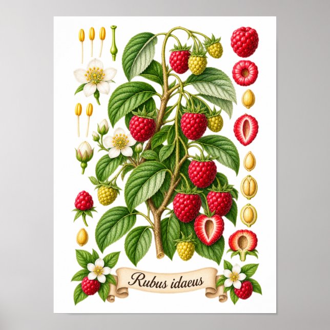 Vintage botanisk hallonillustration poster (Framsidan)