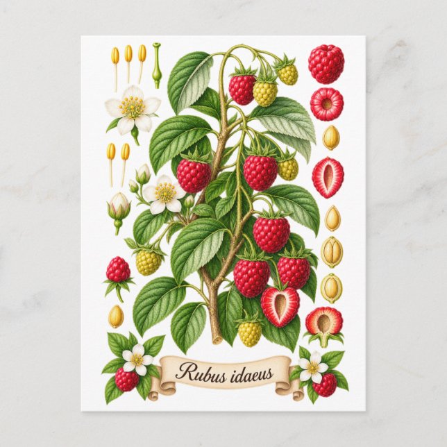 Vintage botanisk hallonillustration vykort (Framsida)