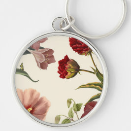 Vintage botanisk illustration av röda och rosa rund silverfärgad nyckelring