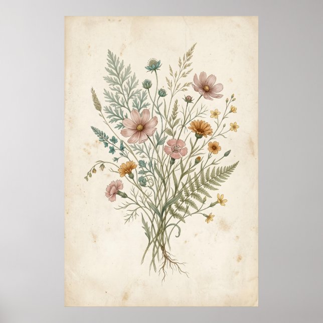 Vintage botanisk illustration av vildblommor poster (Framsidan)