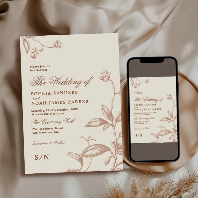 Vintage botanisk jordnära beige höst bröllop inbjudningar (Skapare uppladdad)