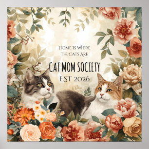 Vintage Botanisk Kattmamma-Sällskap Blommig Konst Poster