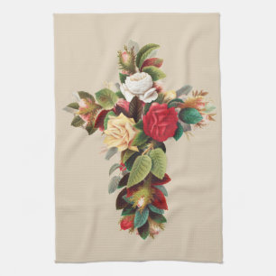 Vintage botanisk kors av rosor religiös konst kökshandduk